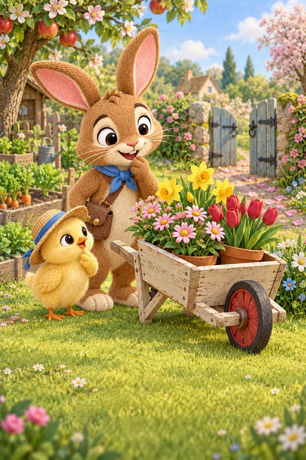 Le Lapin et le Poussin observent une brouette fleurie devant une allée semée de pétales roses.