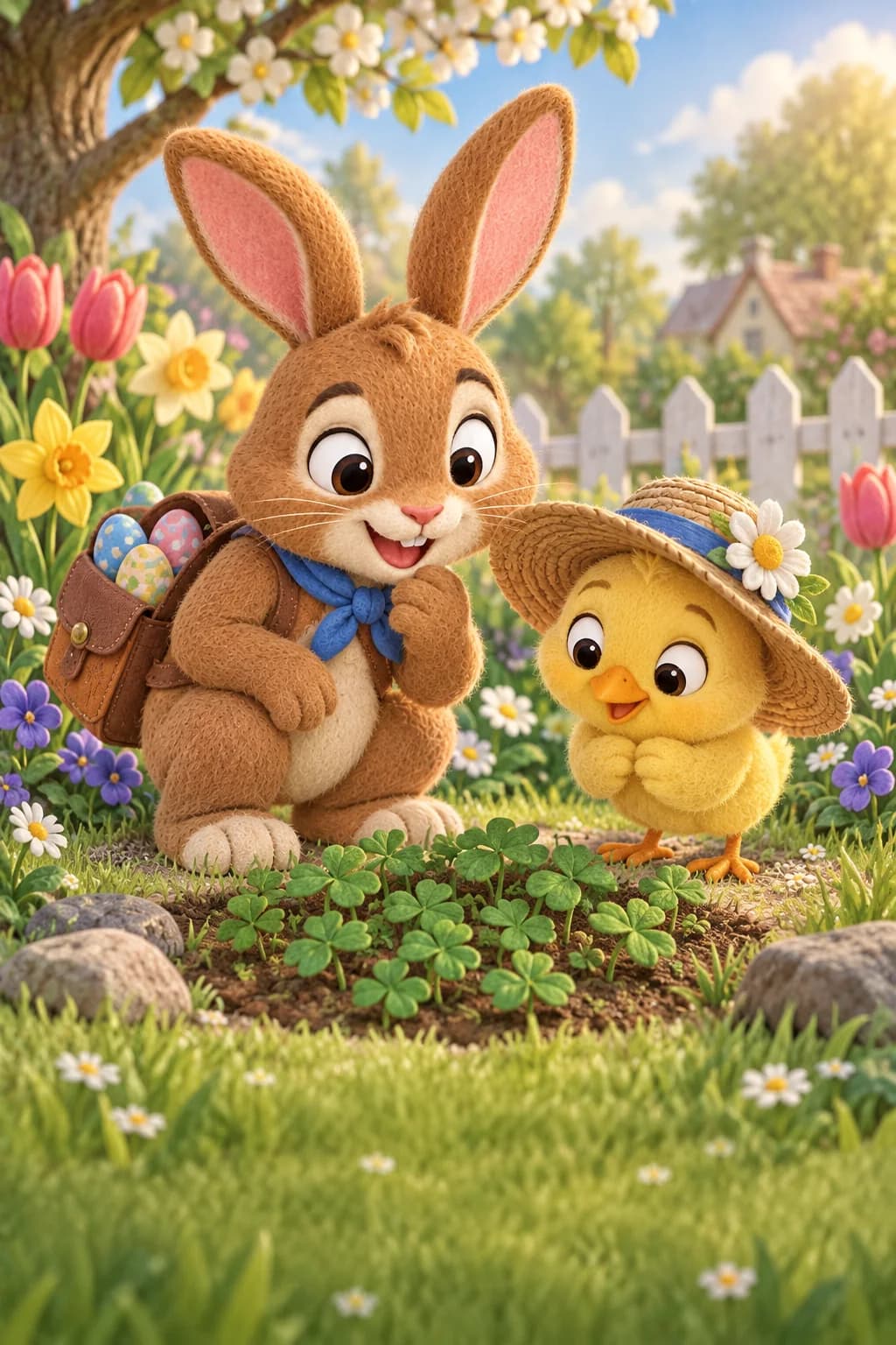 Le Lapin brun et le Poussin jaune observent un carré de trèfle encore sans fleurs.