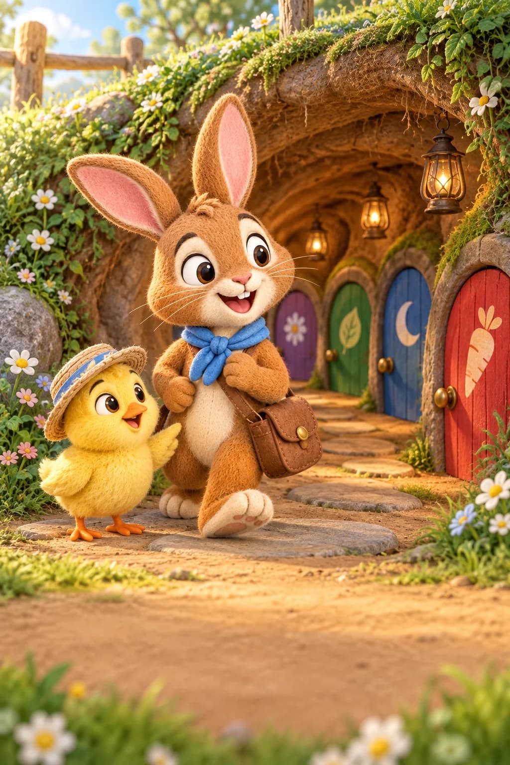 Le Lapin brun et le Poussin jaune découvrent l’entrée d’un terrier rempli de portes rondes colorées.