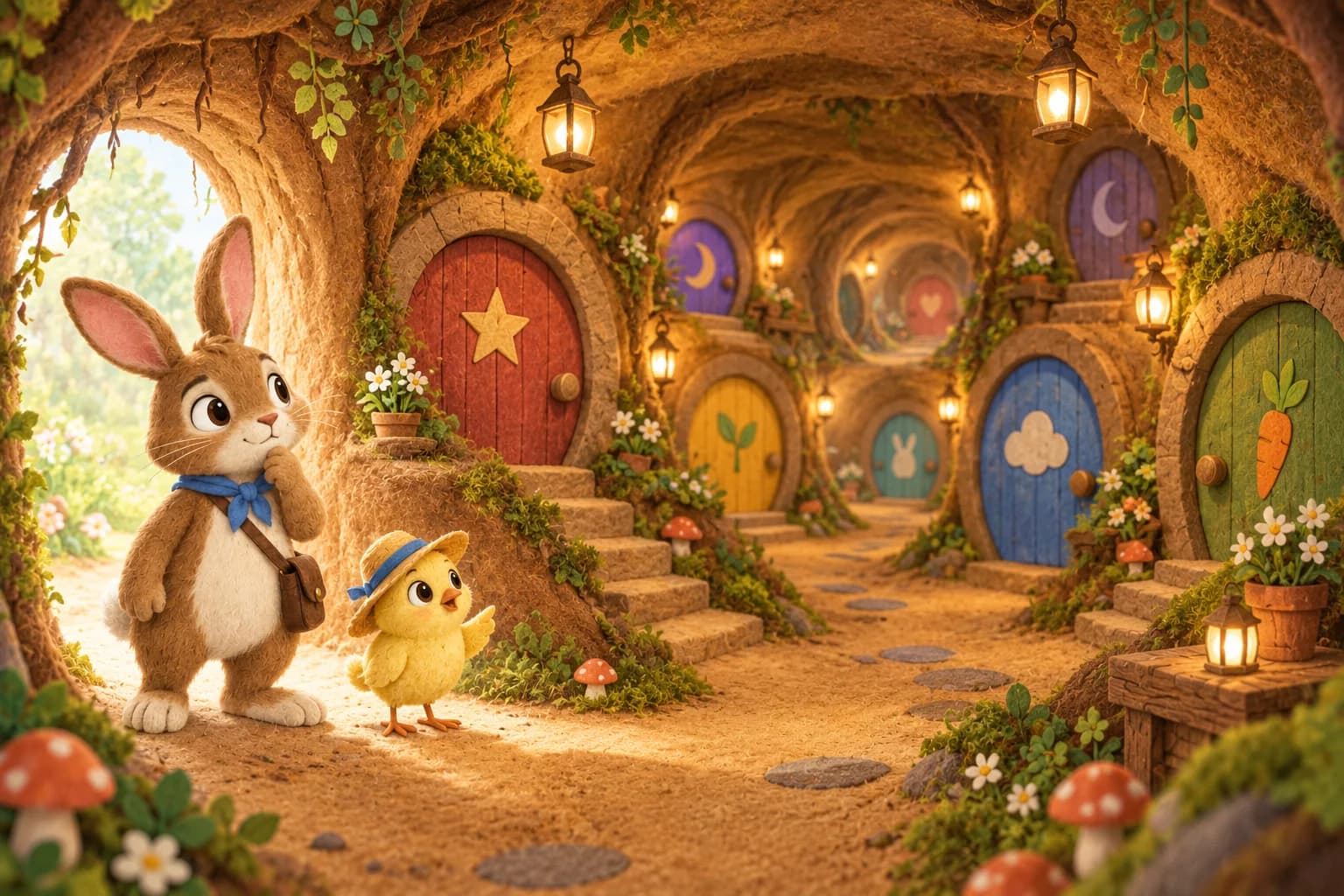 Le Lapin de Pâques brun et le Poussin jaune découvrent un tunnel souterrain bordé de portes rondes colorées.