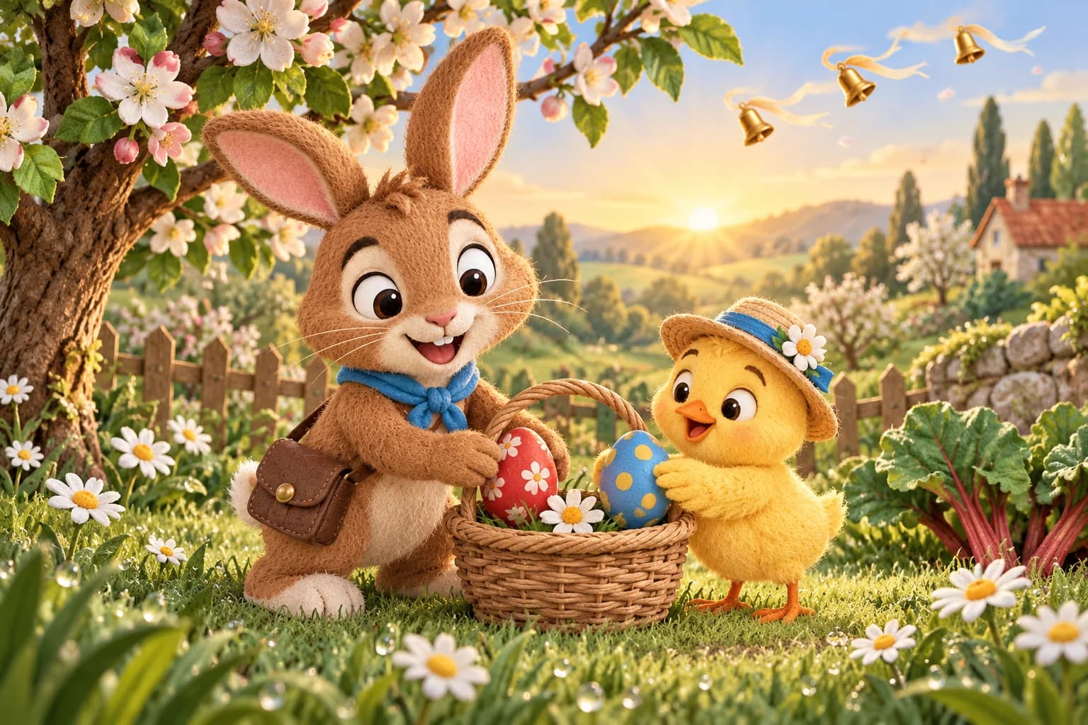 Dans le jardin rosé, le Lapin brun et le Poussin jaune déposent des œufs rouges et bleus dans un panier.
