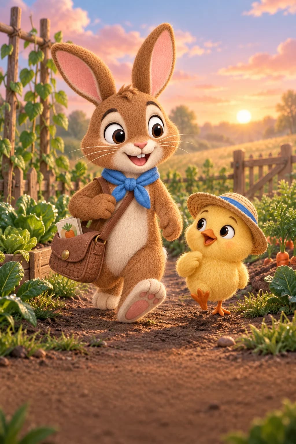 Le Lapin brun et le Poussin jaune avancent dans le potager encore mouillé sous le soleil matinal.
