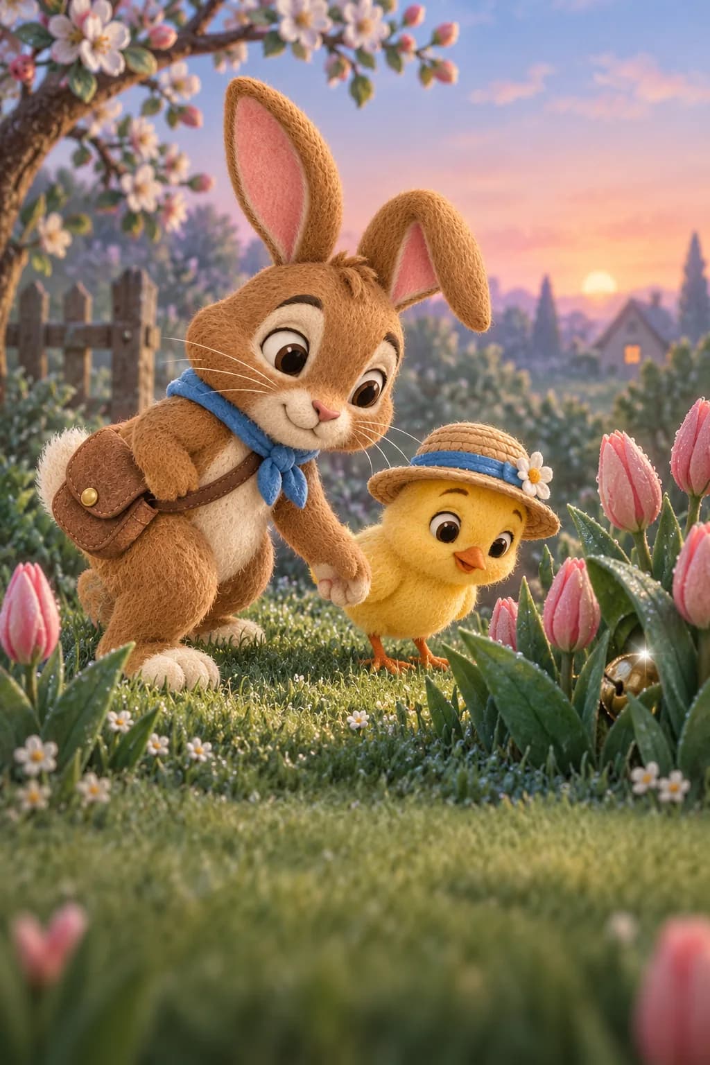 Un lapin brun et un poussin jaune cherchent dans un jardin endormi avant le lever du soleil.
