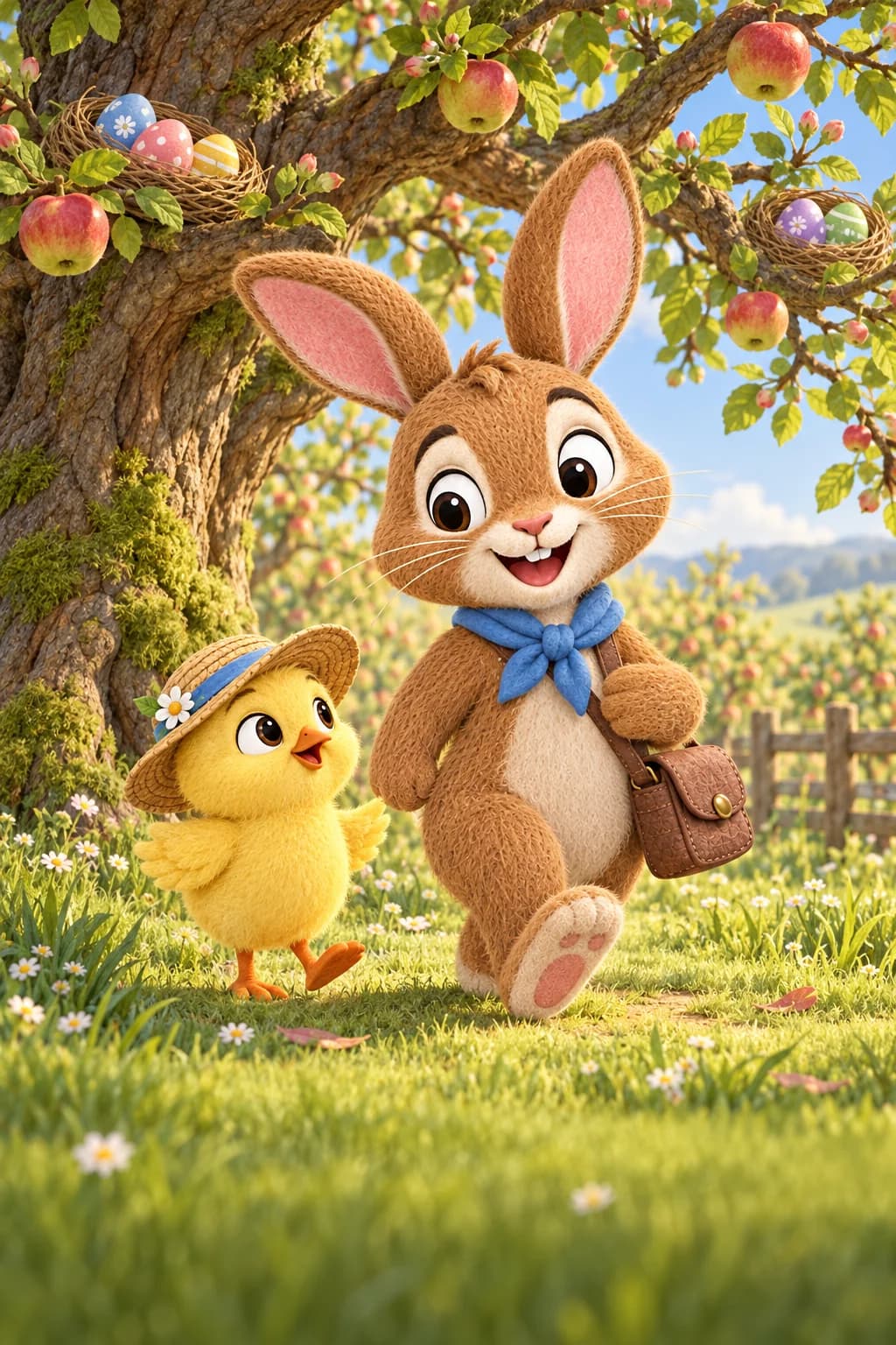 Le Lapin brun et le Poussin jaune avancent sous le vieux pommier entouré de petits nids.