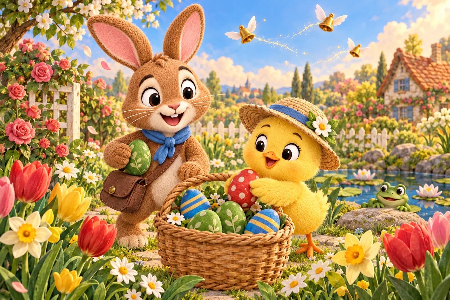 Le Lapin brun et le Poussin jaune déposent des œufs colorés dans un grand panier, parmi les fleurs du jardin.