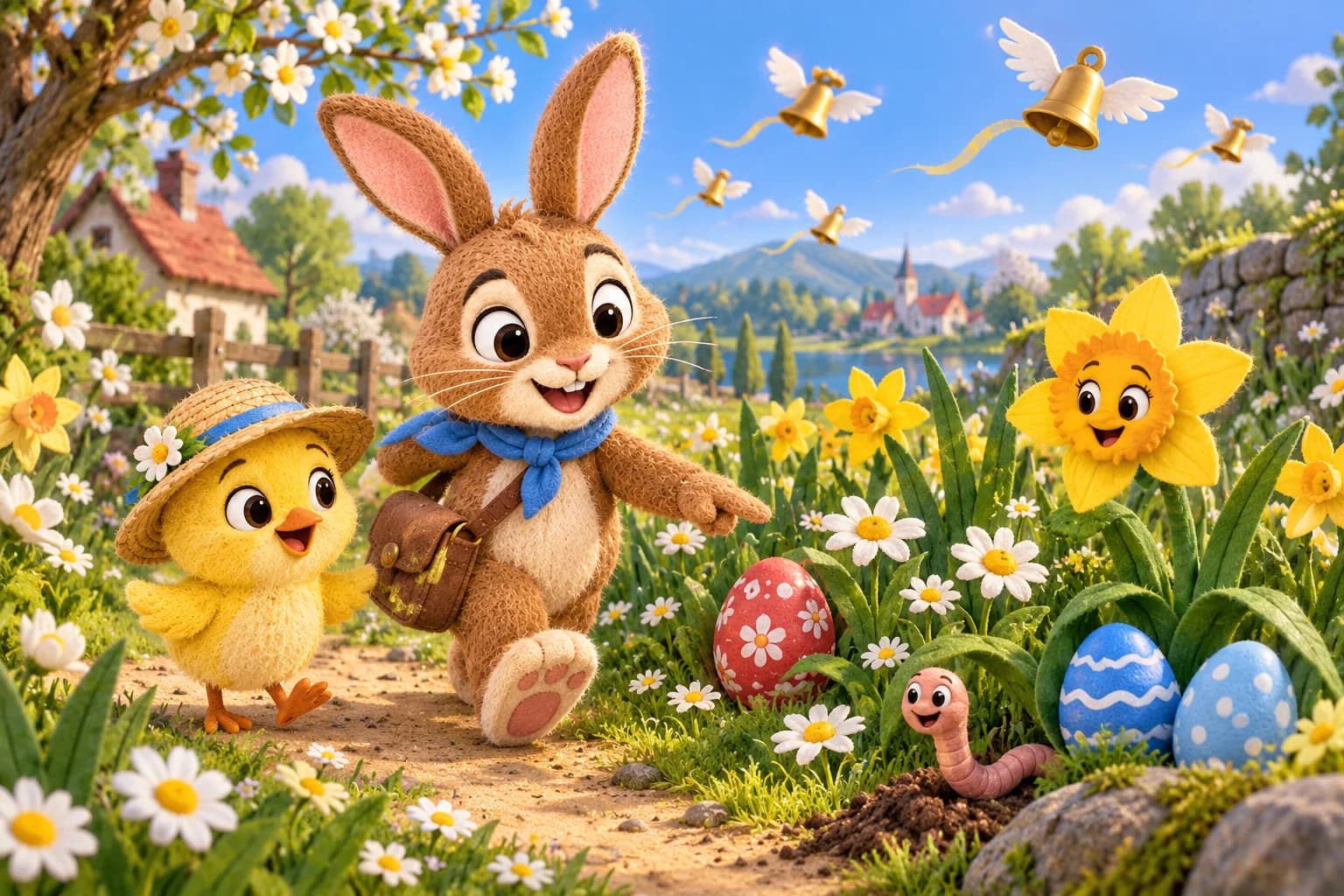 Le Lapin brun et le Poussin jaune avancent sur un sentier fleuri, près d’œufs décorés et de cloches volantes.