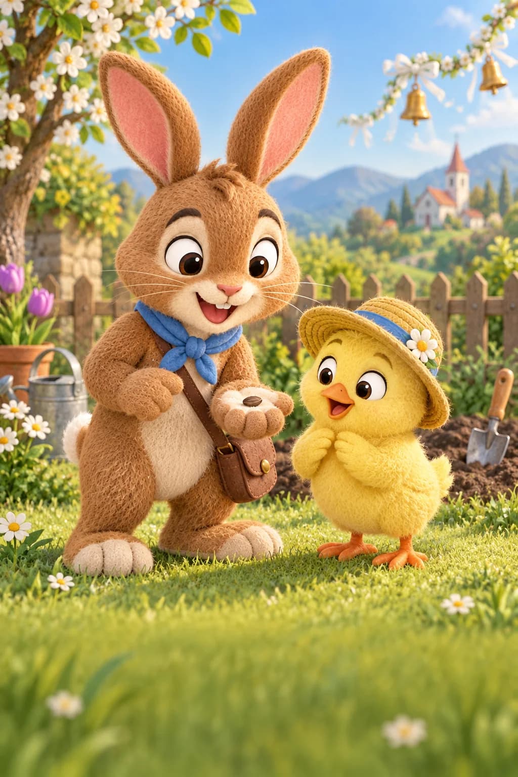 Le Lapin brun et le Poussin jaune découvrent une petite graine dans le jardin au matin de Pâques.