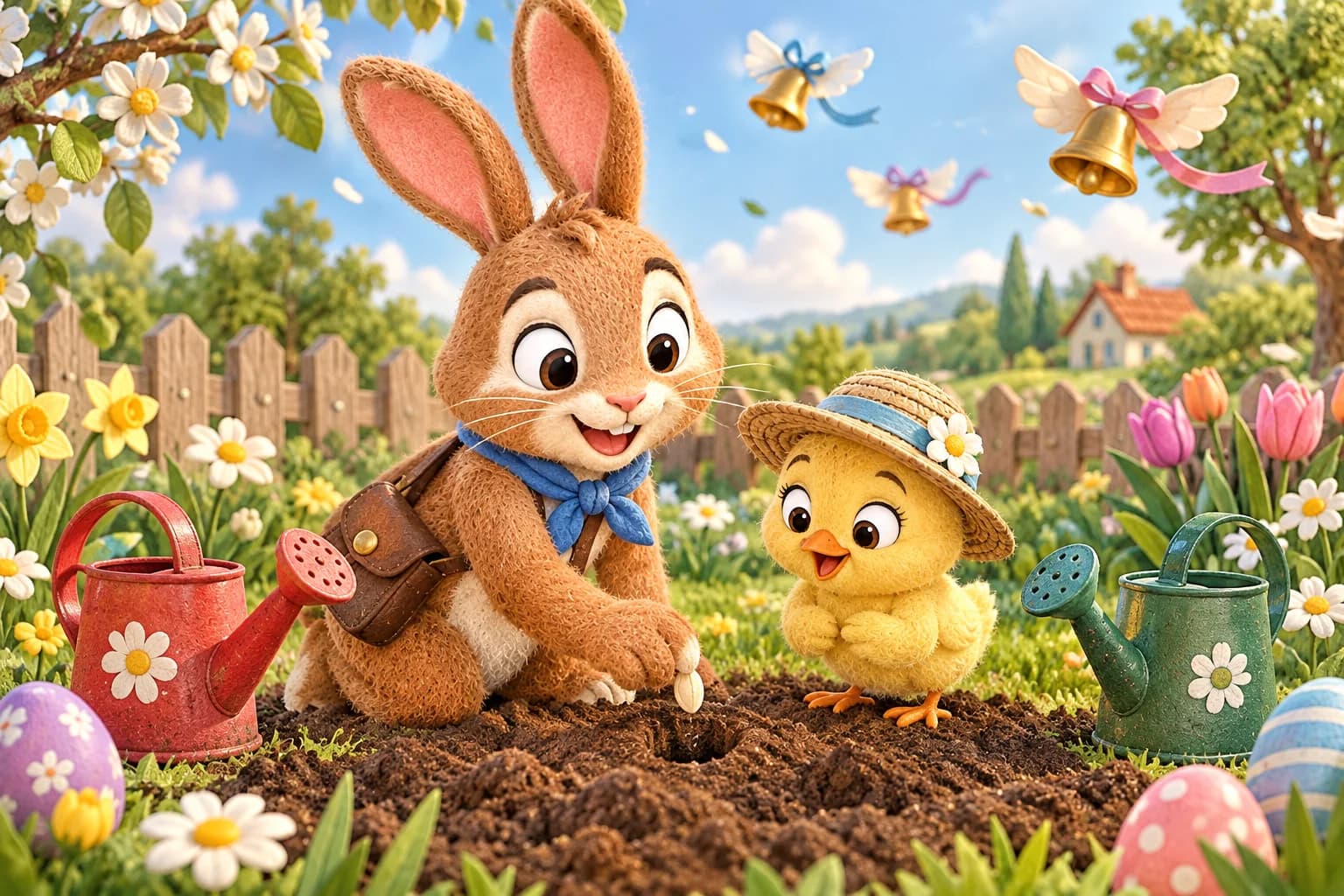 Par un matin de Pâques ensoleillé, le Lapin brun et le Poussin plantent une graine dans le jardin.