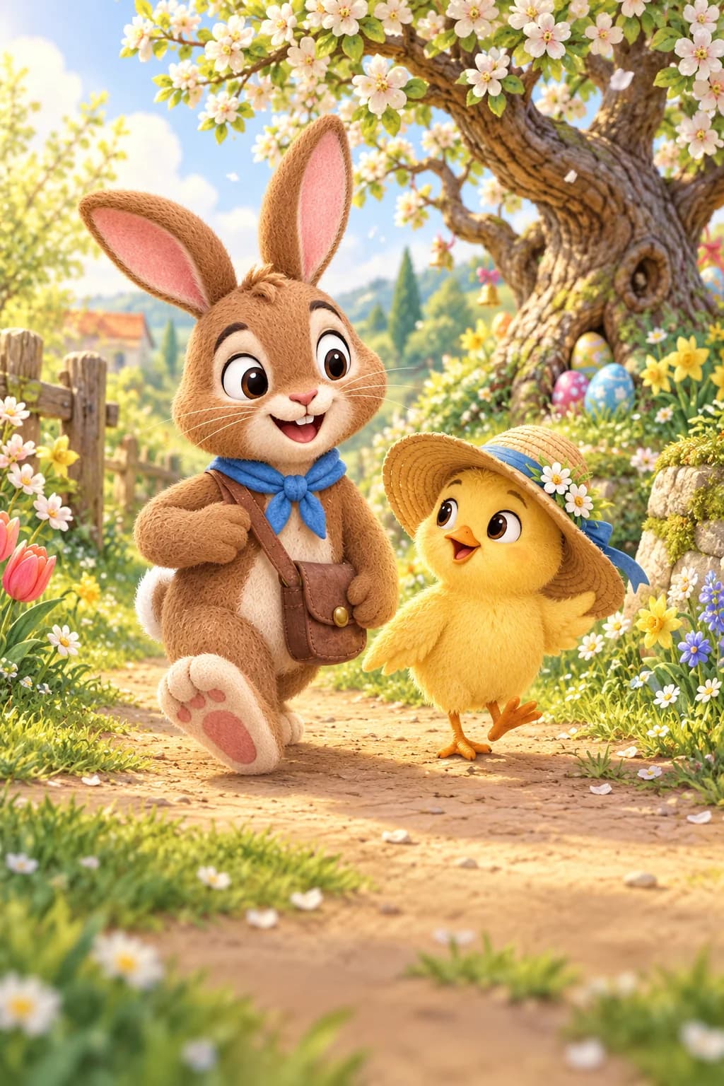 Le Lapin brun et le Poussin jaune avancent vers un vieux pommier fleuri dans le jardin printanier.