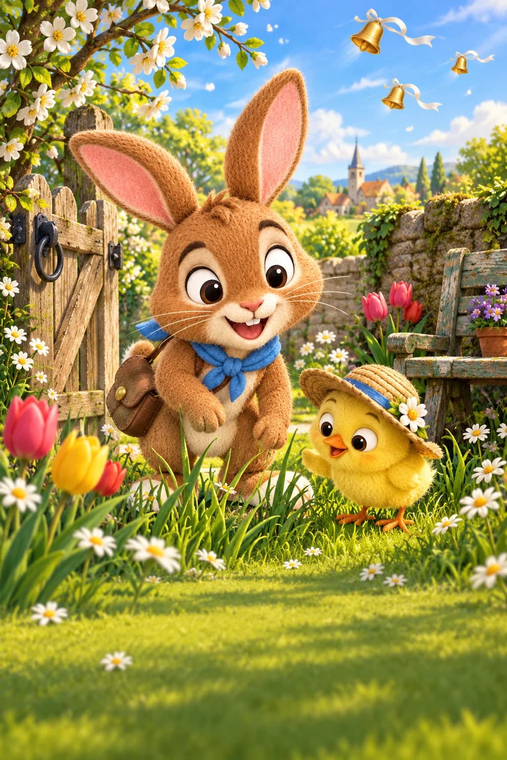 Le Lapin brun et le Poussin jaune cherchent près d’une barrière dans un jardin fleuri.