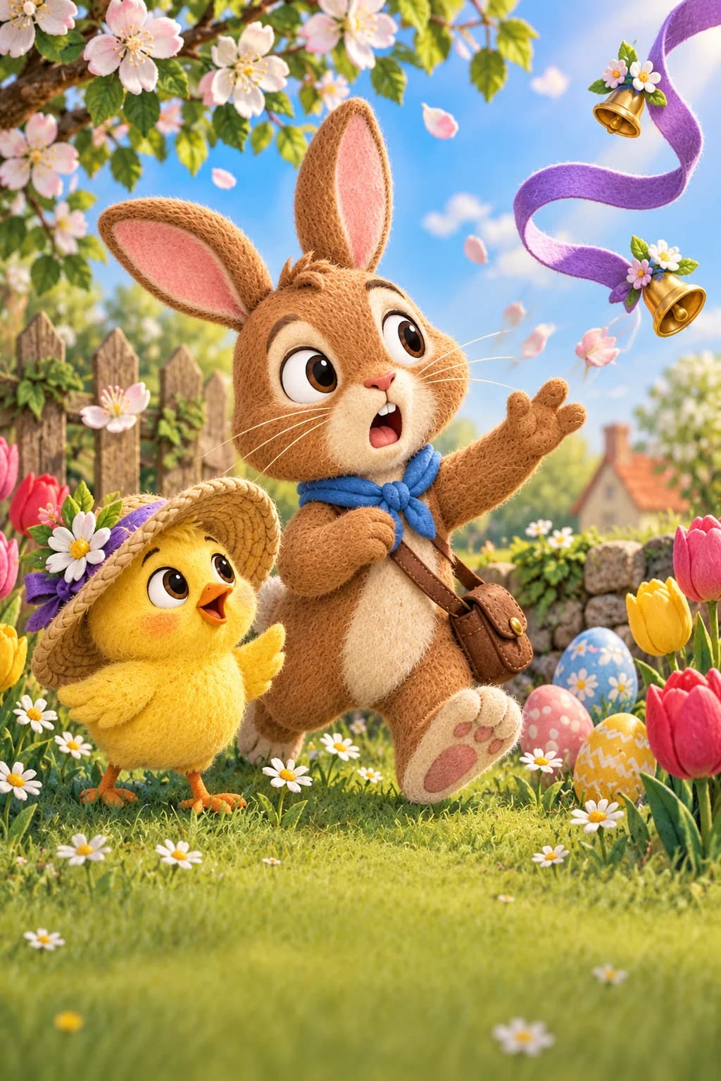 Le Lapin brun et le Poussin jaune regardent un ruban violet filer dans le jardin fleuri.