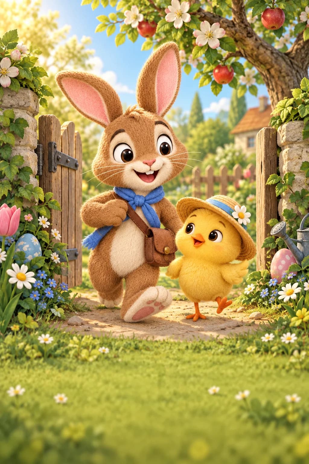 Le Lapin brun et le Poussin jaune cherchent des œufs peints à l’entrée d’un jardin fleuri.