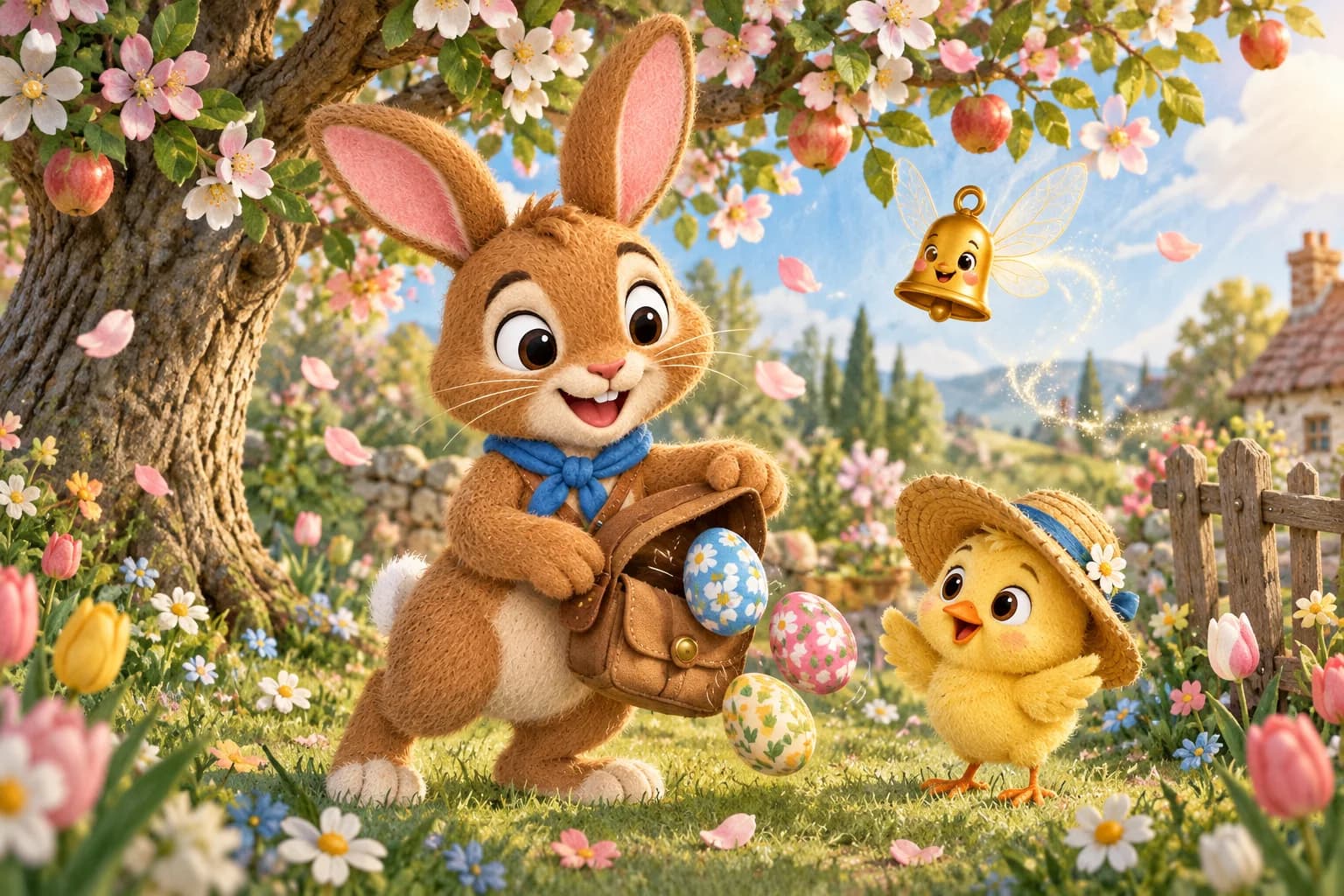 Dans un jardin fleuri, le Lapin brun au foulard bleu, le Poussin et Zouzou voient trois œufs décorés sortir de la besace.