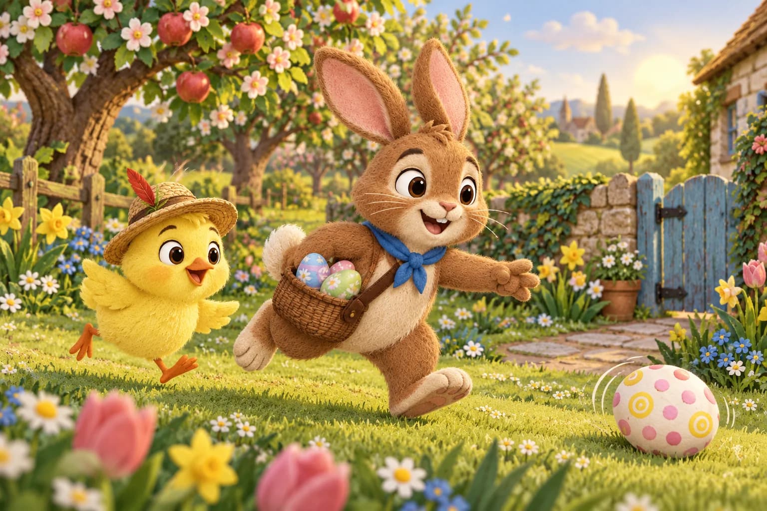 Le Lapin de Pâques brun et le poussin jaune courent derrière un œuf décoré dans le jardin ensoleillé.