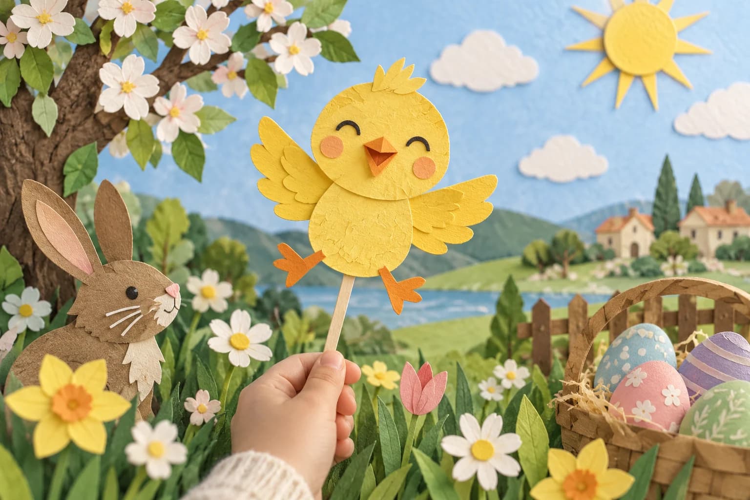 Marionnette en papier représentant un poussin jaune avec un bec orange, fixée sur un petit bâton.