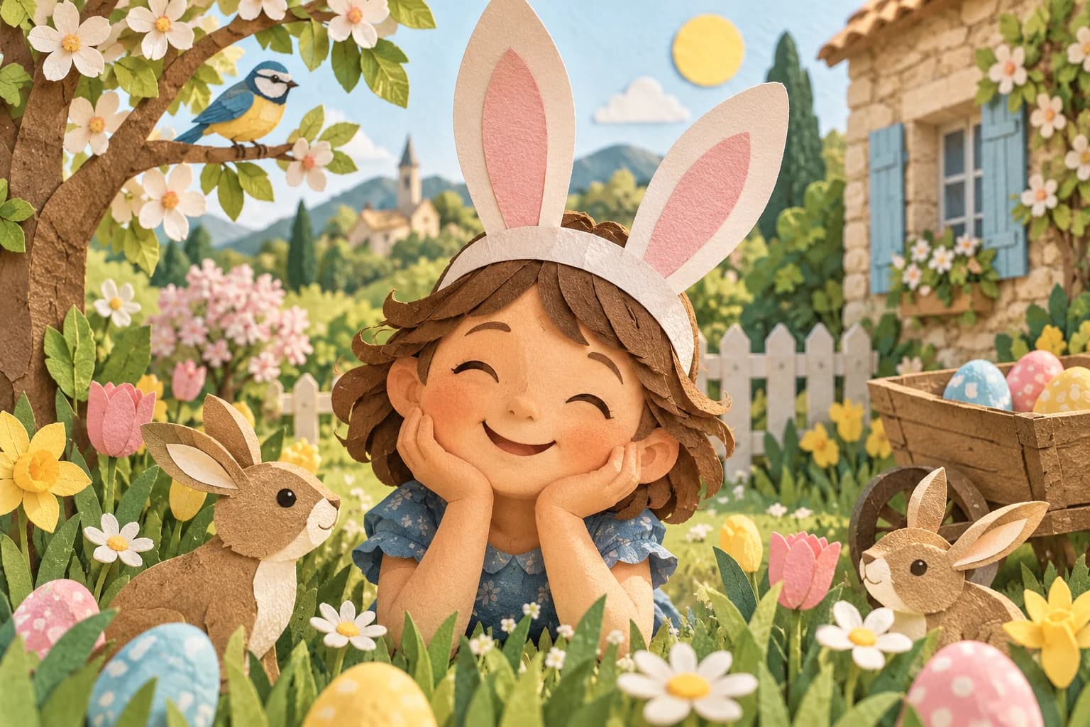 Bandeau en papier coloré avec deux grandes oreilles de lapin, posé sur une surface claire.