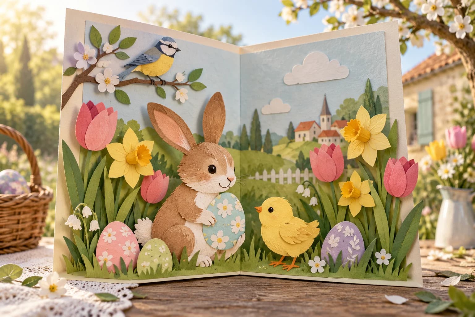 Carte pliée avec le message « Bonjour printemps », des fleurs, des papillons et des éléments de la nature.