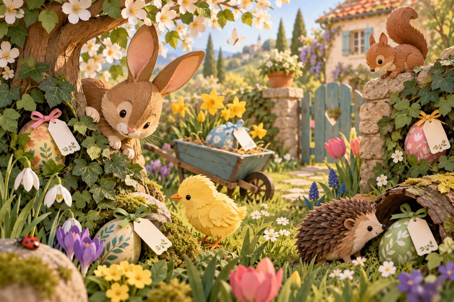 Planche de petites étiquettes à découper avec des œufs, des fleurs et des espaces pour écrire des messages.