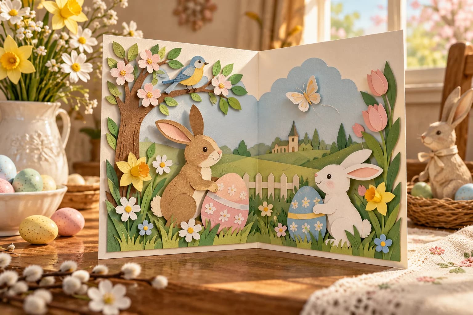 Carte pliée à décorer avec le texte « Joyeuses Pâques », des œufs et des motifs printaniers.