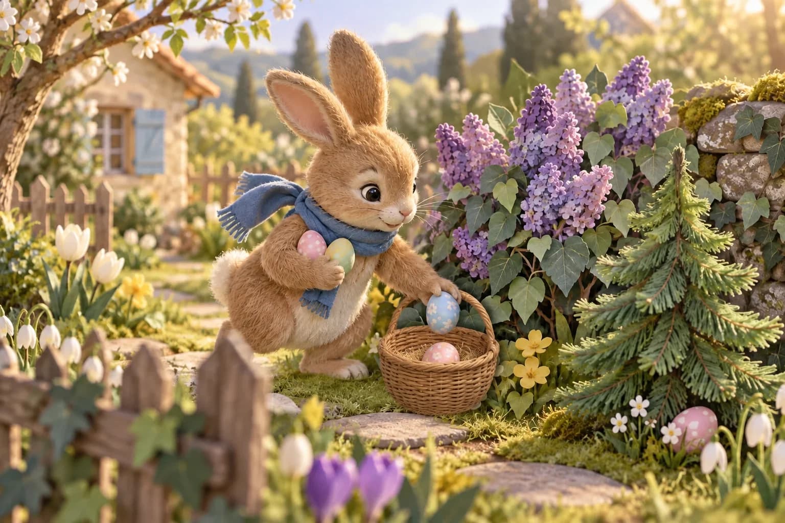 Illustration de la comptine « Le lapin aux paniers ronds ».