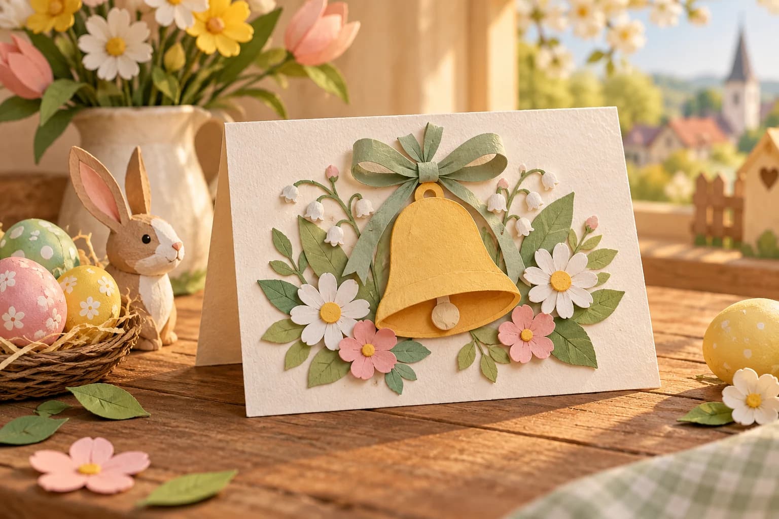 Modèle de carte pliée à imprimer représentant une cloche de Pâques à colorier, avec des motifs floraux et des œufs.