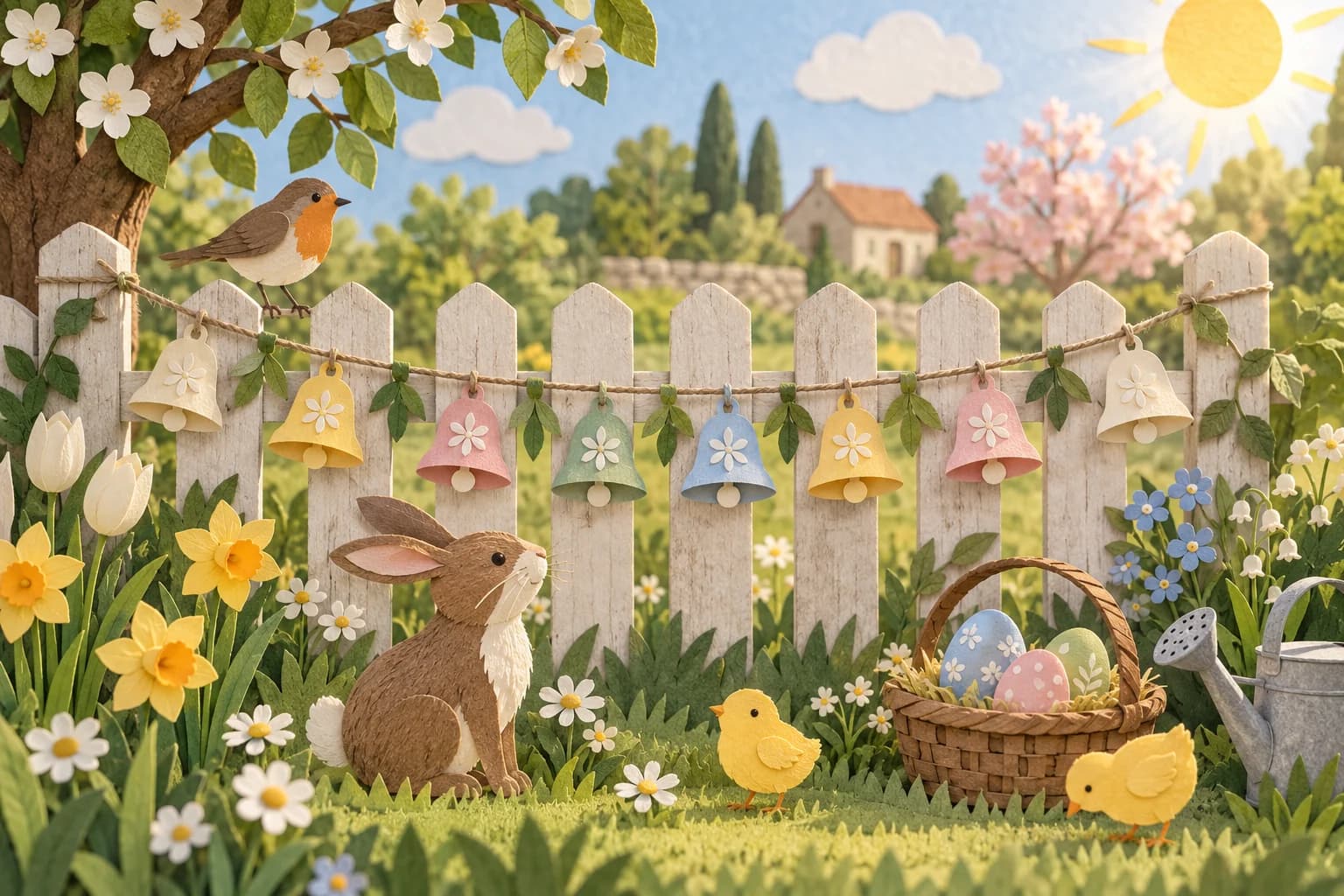 Guirlande de plusieurs cloches de Pâques en papier coloré, reliées les unes aux autres et suspendues à une ficelle.