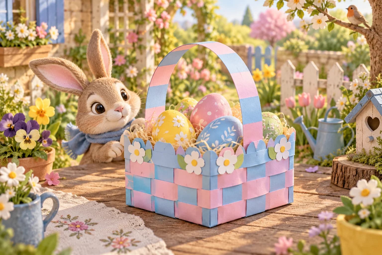 Petit panier carré de Pâques en papier coloré, avec quatre parois, une anse et des décorations de printemps.