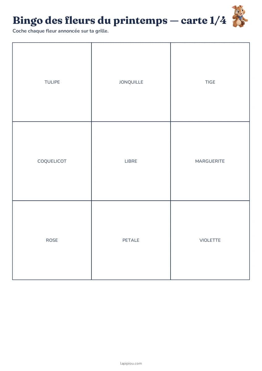 Bingo des fleurs du printemps — aperçu de la fiche à imprimer
