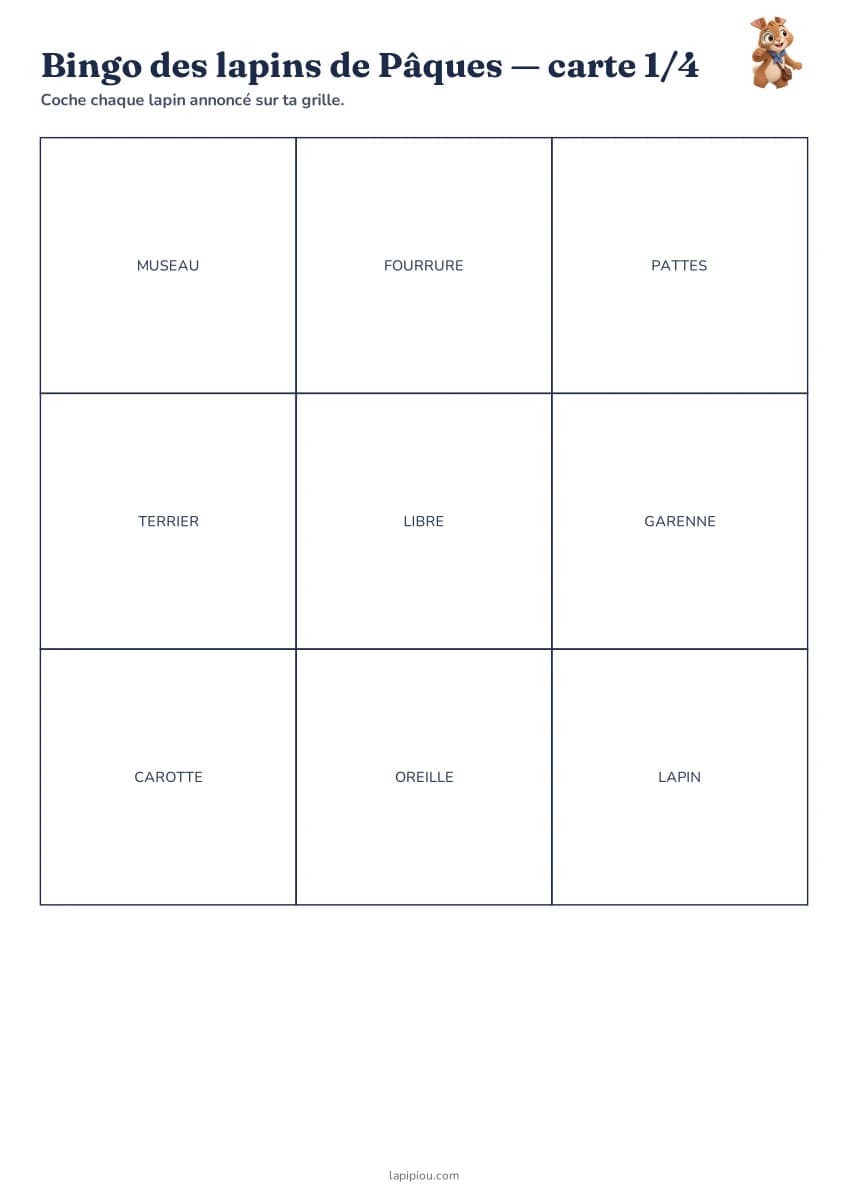 Bingo des lapins de Pâques — aperçu de la fiche à imprimer