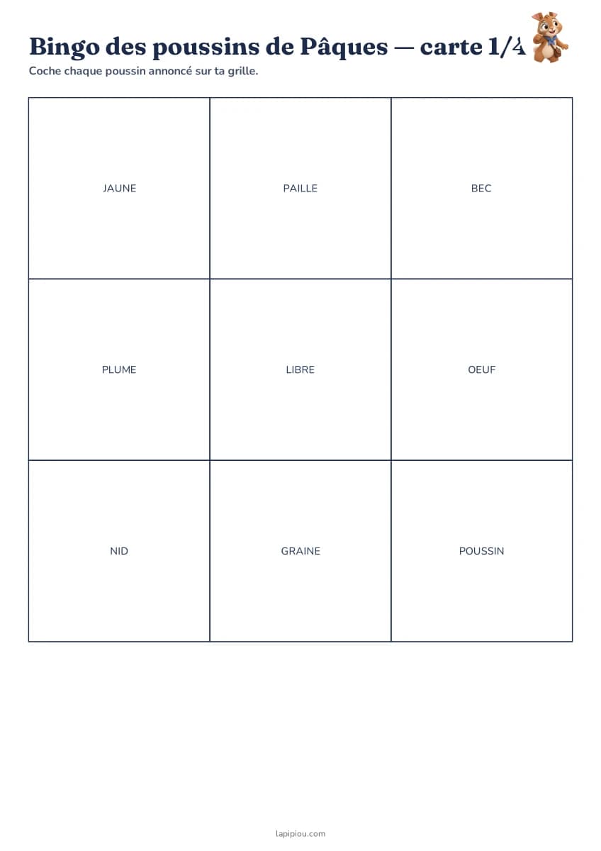 Bingo des poussins de Pâques — aperçu de la fiche à imprimer