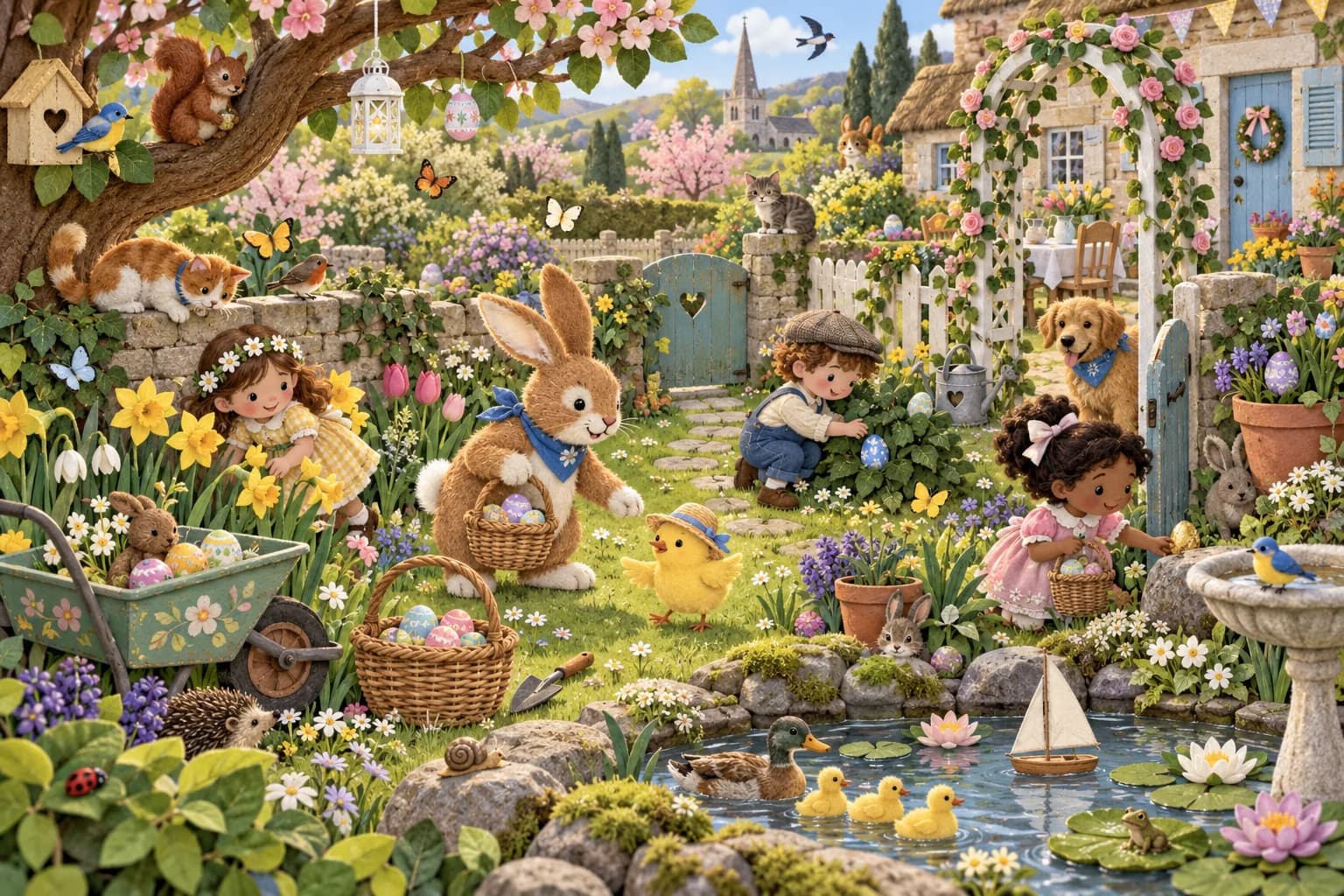 Pars à la chasse dans le jardin et retrouve le bateau à voile, le chien doré, le petit garçon et la grenouille.
