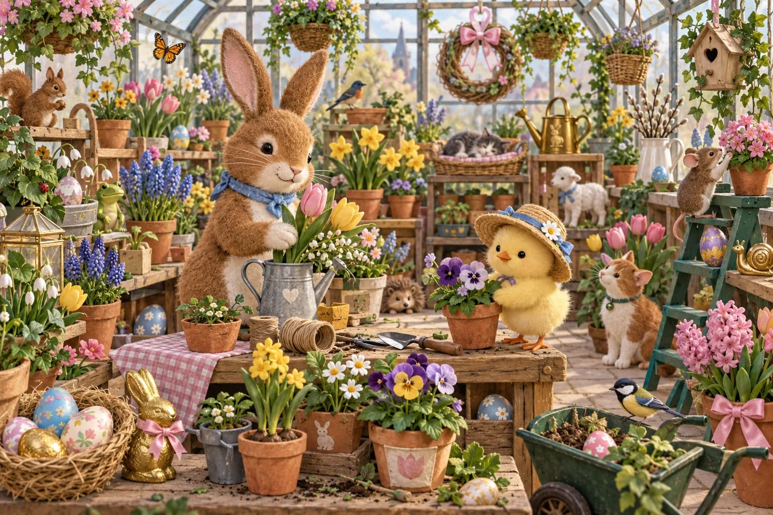 Regarde attentivement la serre colorée pour repérer le papillon, les tulipes, le chapeau et l’œuf à pois.