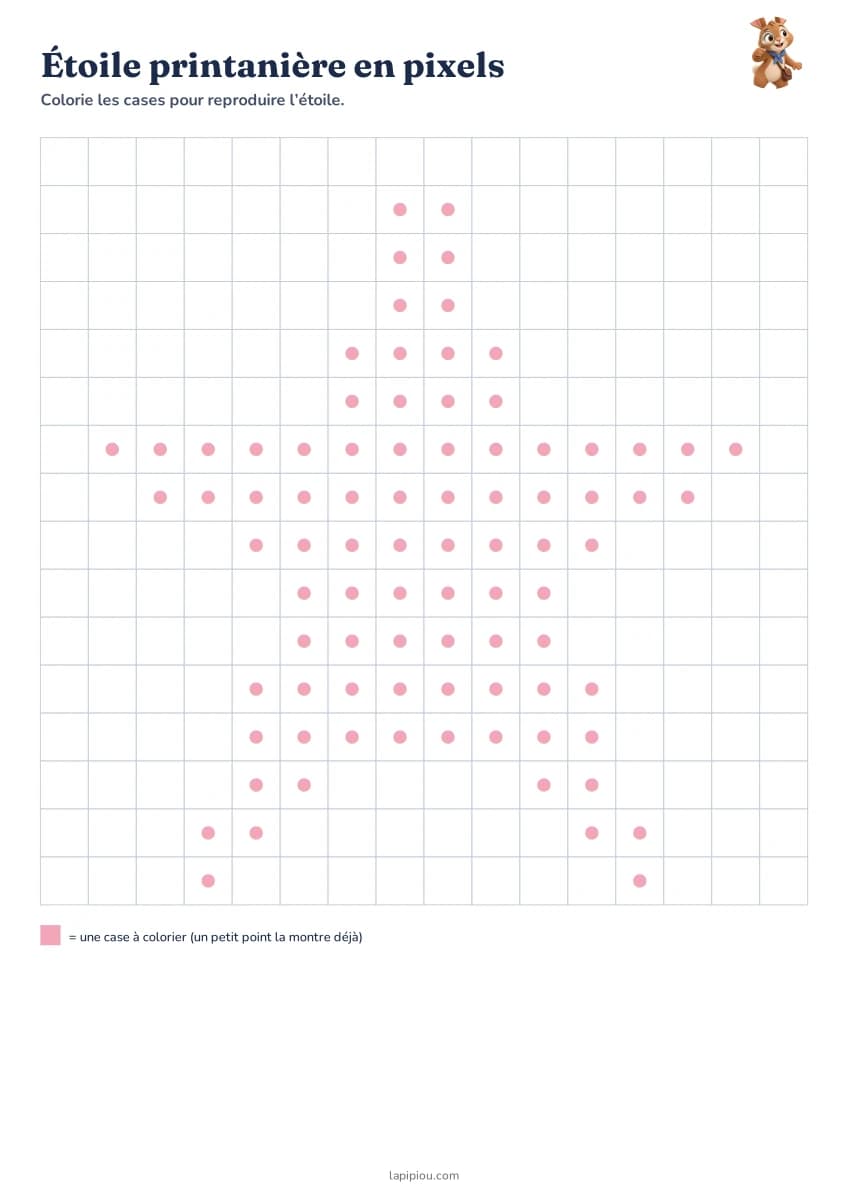Étoile printanière en pixels — aperçu de la fiche à imprimer