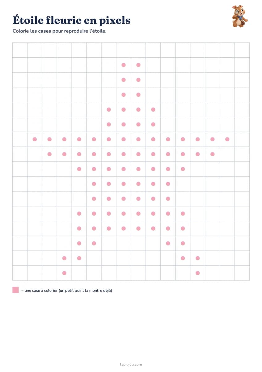 Étoile fleurie en pixels — aperçu de la fiche à imprimer