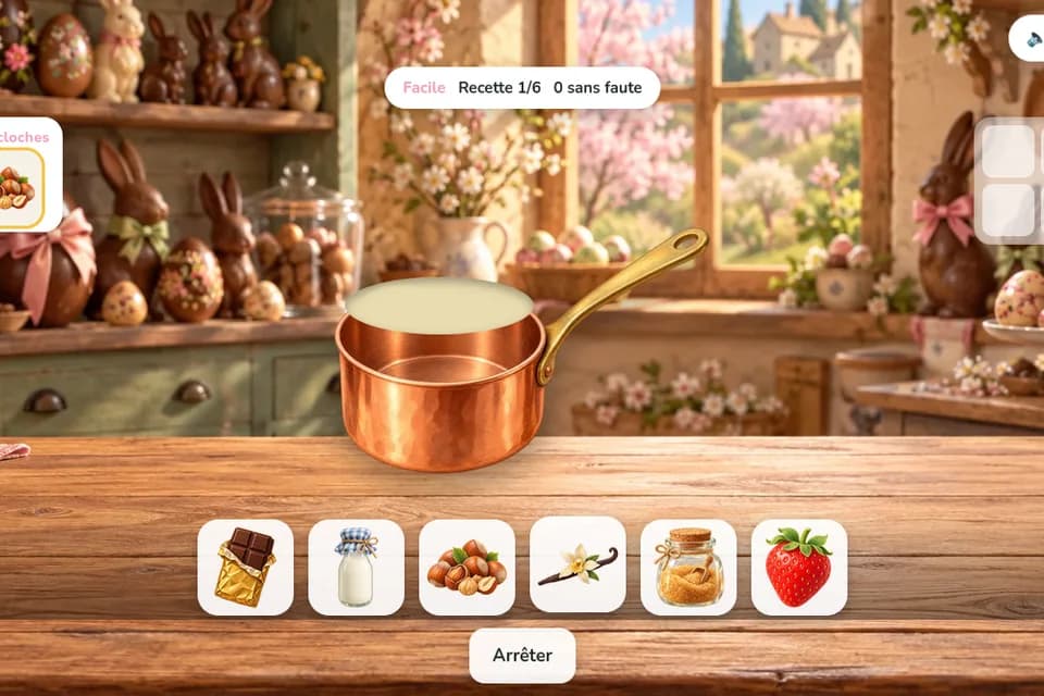 Une casserole et des ingrédients pour préparer du chocolat sont disposés dans une cuisine décorée de lapins et d’œufs de Pâques.