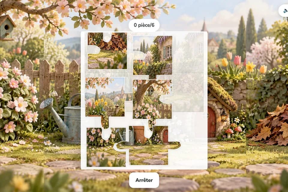 Six pièces de puzzle montrent un jardin fleuri avec un arrosoir, un arbre en fleurs et une maisonnette.