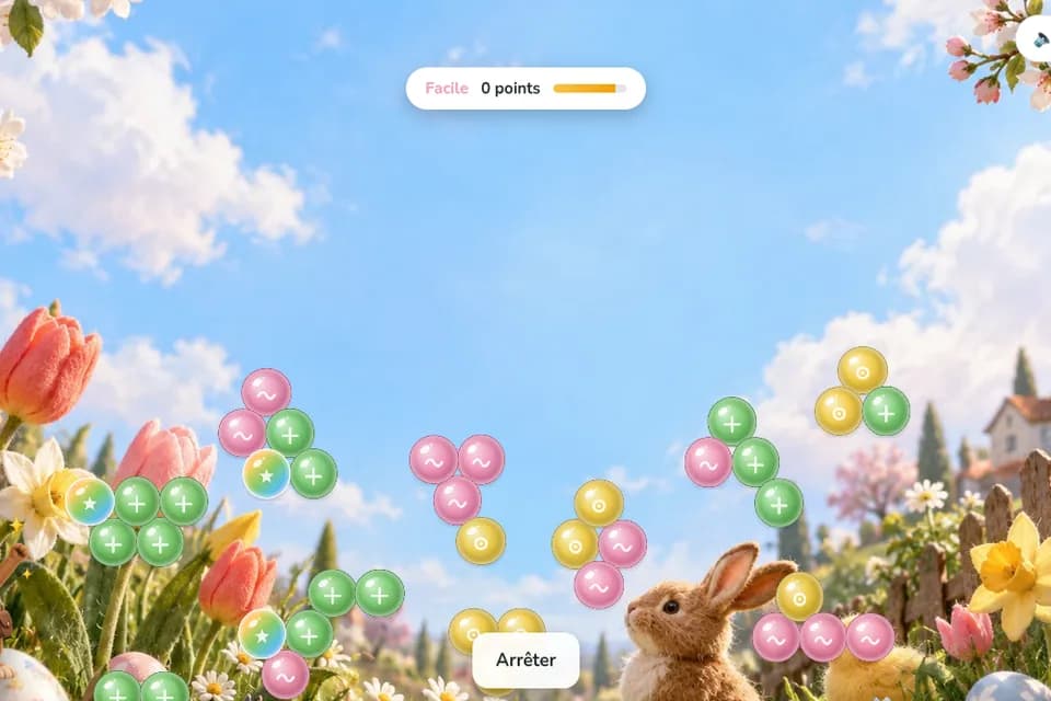Des bulles colorées flottent au-dessus des tulipes et des jonquilles d’un jardin, avec un lapin au premier plan.