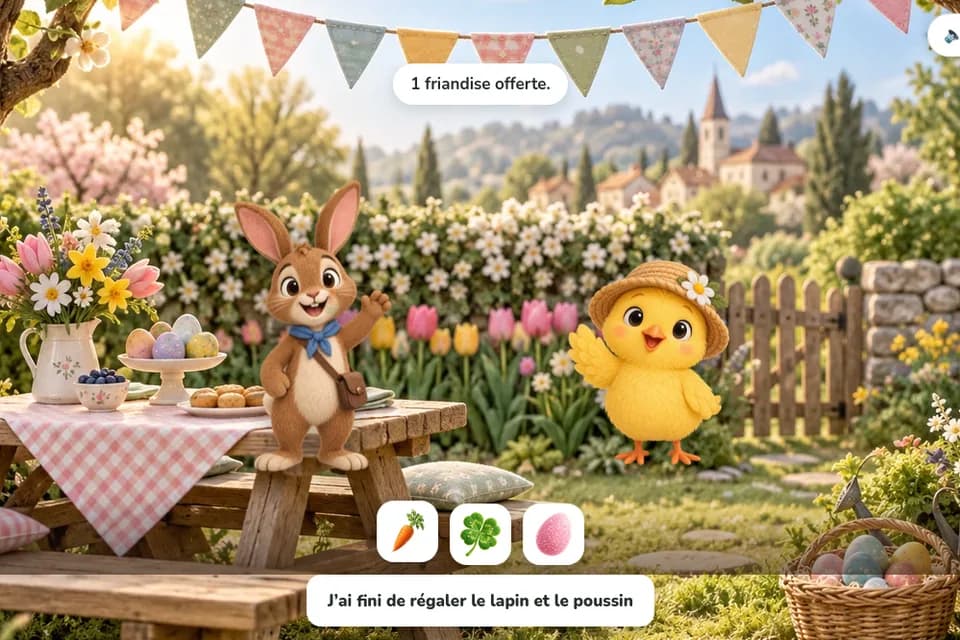 Un lapin et un poussin au chapeau attendent dans un jardin fleuri, avec une carotte, du trèfle et un œuf à leur offrir.
