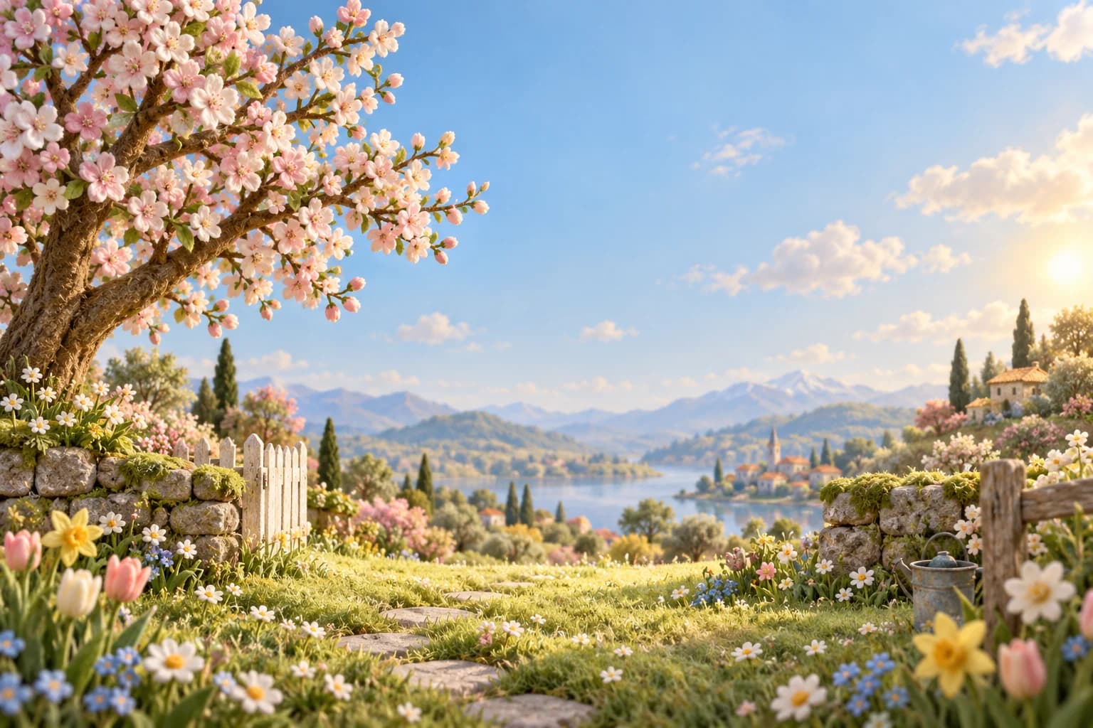 Un jardin de printemps ensoleillé avec un arbre en fleurs, ciel dégagé au-dessus
