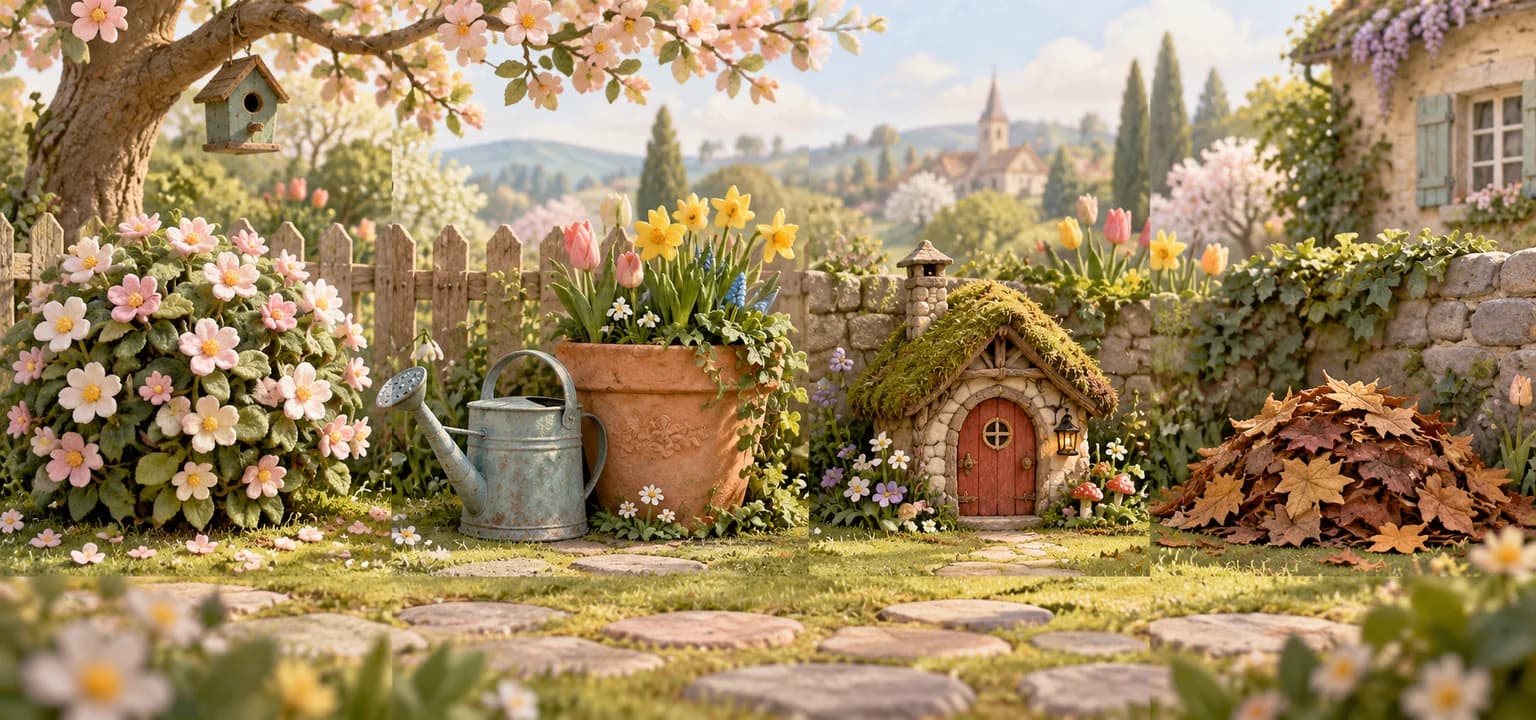 Un jardin de printemps avec des cachettes, haie fleurie et pot de fleurs