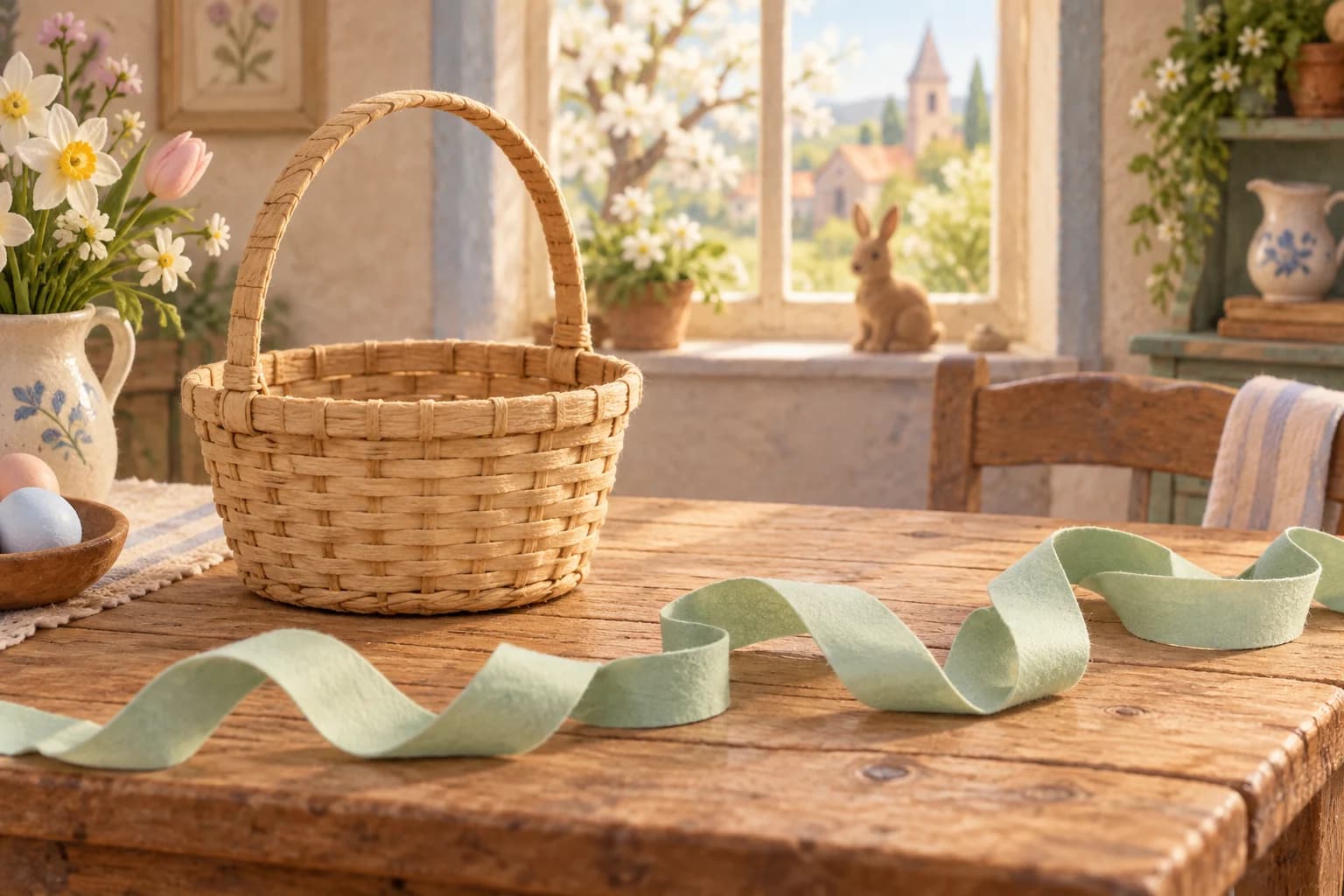 Un panier en osier tout simple et un long ruban posés sur une table, prêts à être décorés
