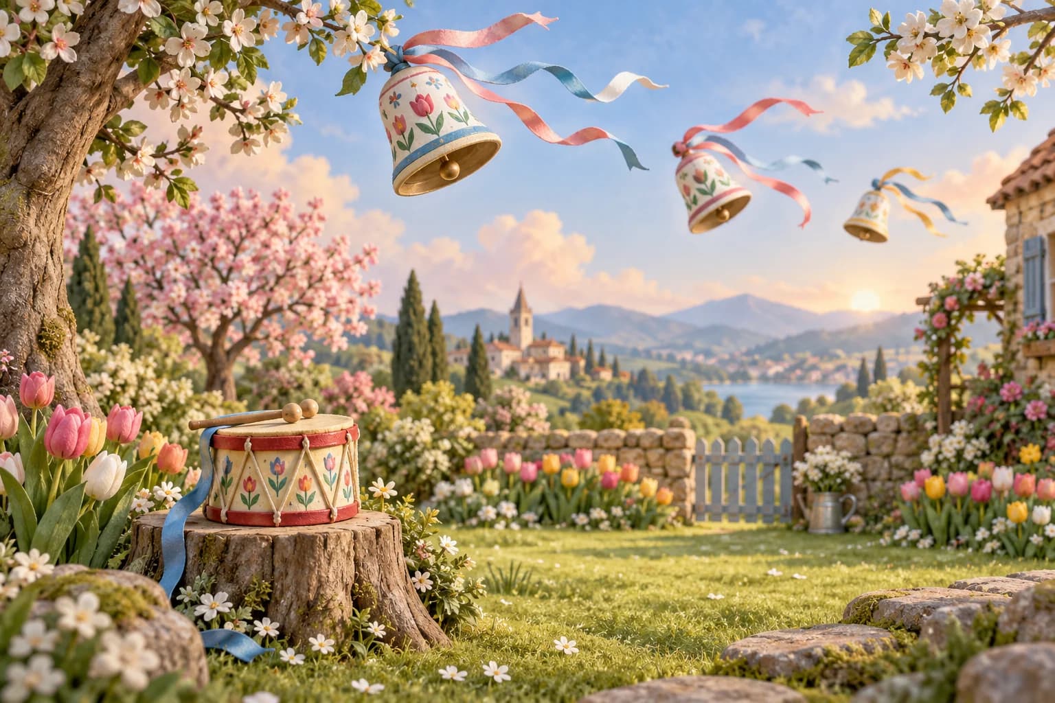Un jardin de printemps sous un ciel pastel, des cloches de Pâques peintes en plein vol, un petit tambour posé sur une souche