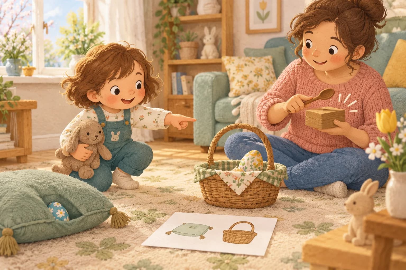 Un enfant écoute un parent tapoter une boîte pour trouver un œuf de Pâques près d’un panier.