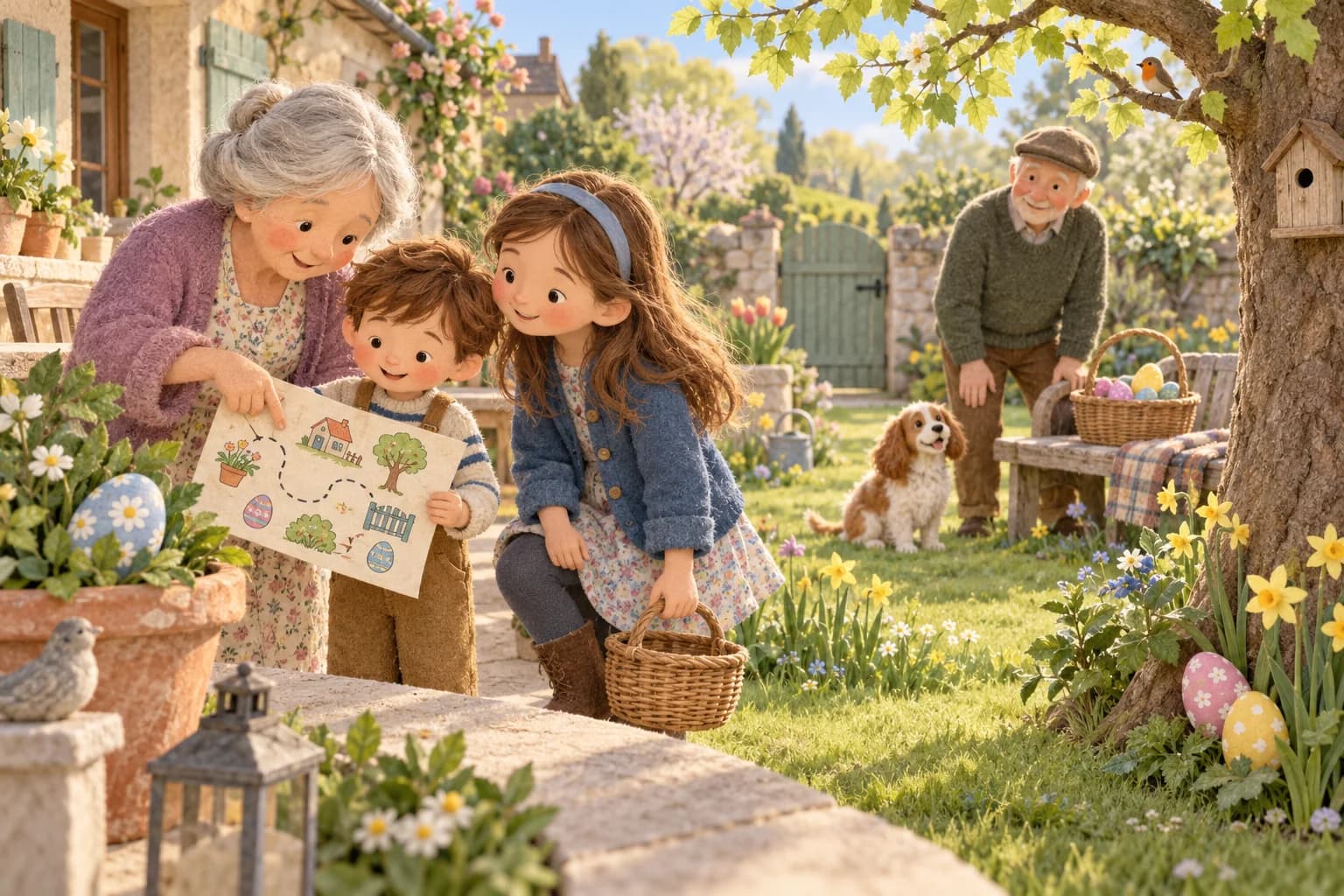 Deux enfants découvrent une chasse aux œufs dans le jardin de leurs grands-parents, avec un petit plan et des cachettes accessibles.