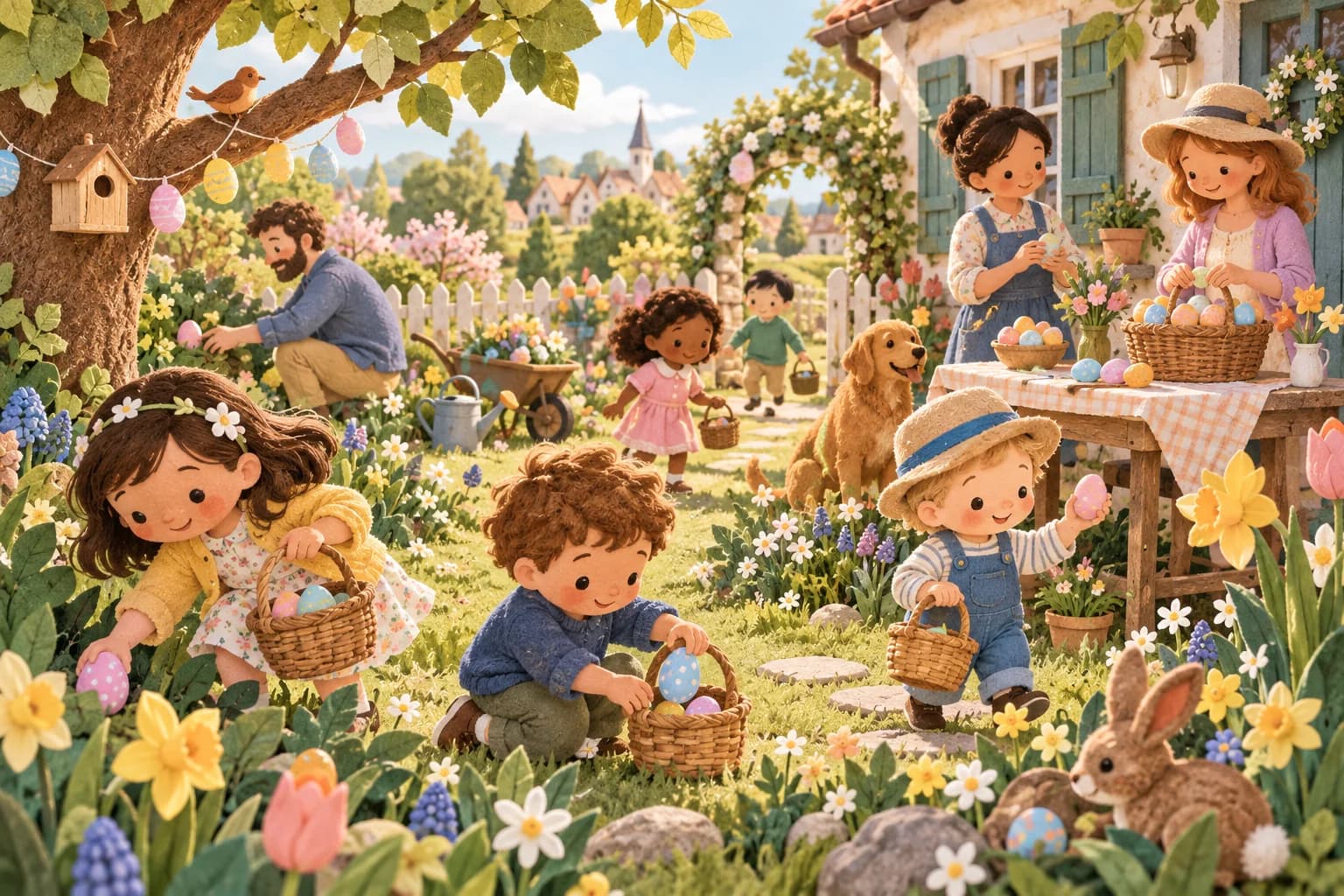 Des familles organisent une chasse aux œufs dans un jardin fleuri
