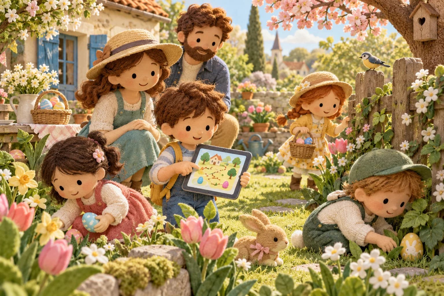 Enfants et parents cherchent des œufs dans un jardin avec une tablette