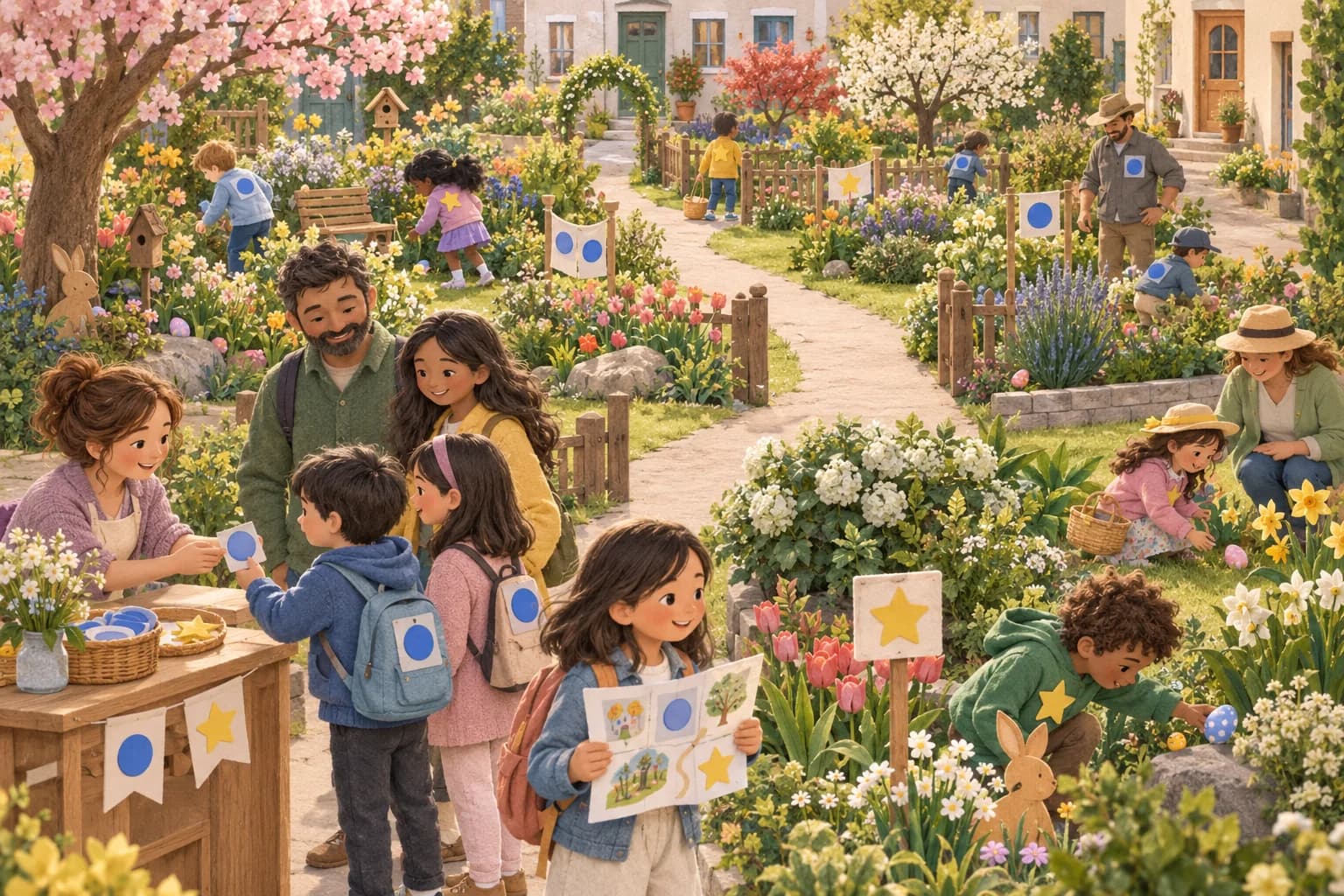 Dans un jardin partagé, des enfants cherchent des œufs par petits groupes, guidés par des repères et des adultes.
