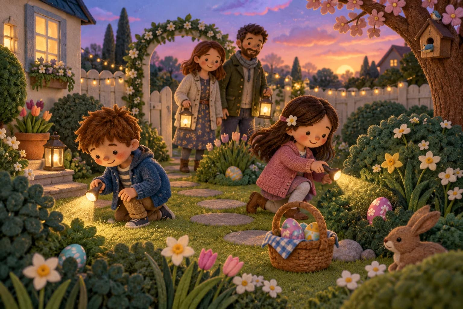 Des enfants cherchent des œufs de Pâques avec des lampes torches dans un jardin au crépuscule