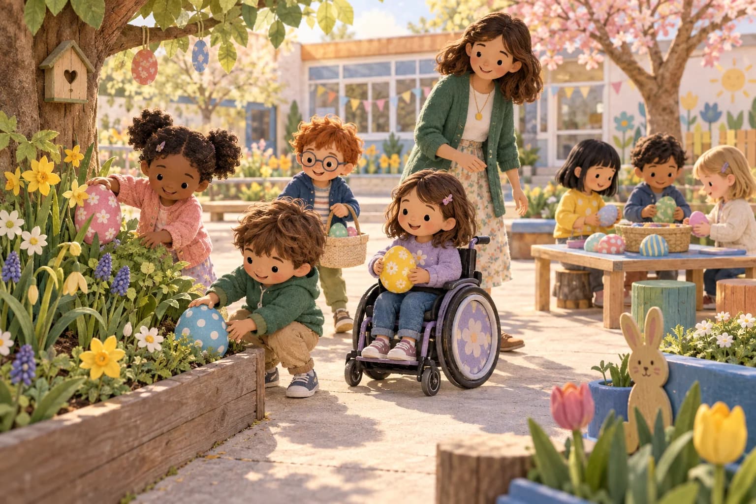 Des élèves cherchent ensemble des œufs en papier dans une cour d’école, accompagnés par une enseignante.