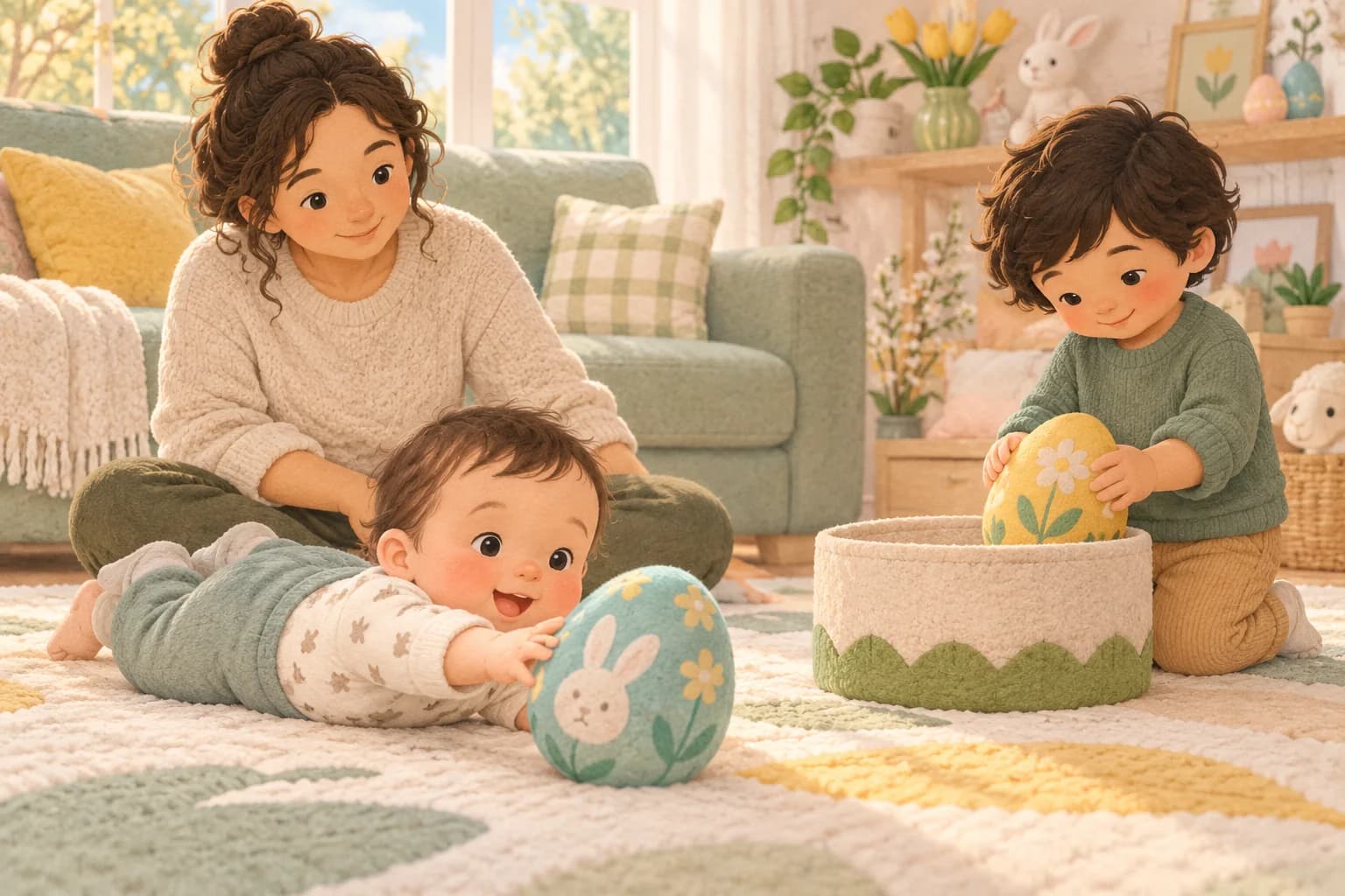 Un bébé découvre un gros jouet en forme d’œuf sur un tapis, accompagné d’un parent et d’un enfant plus grand.